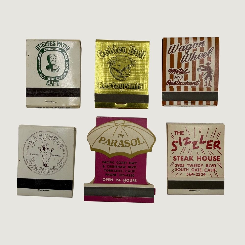 Vintage Restaurant Matchbook Lot 6pc The Parasol Sizzler Golden Bull California